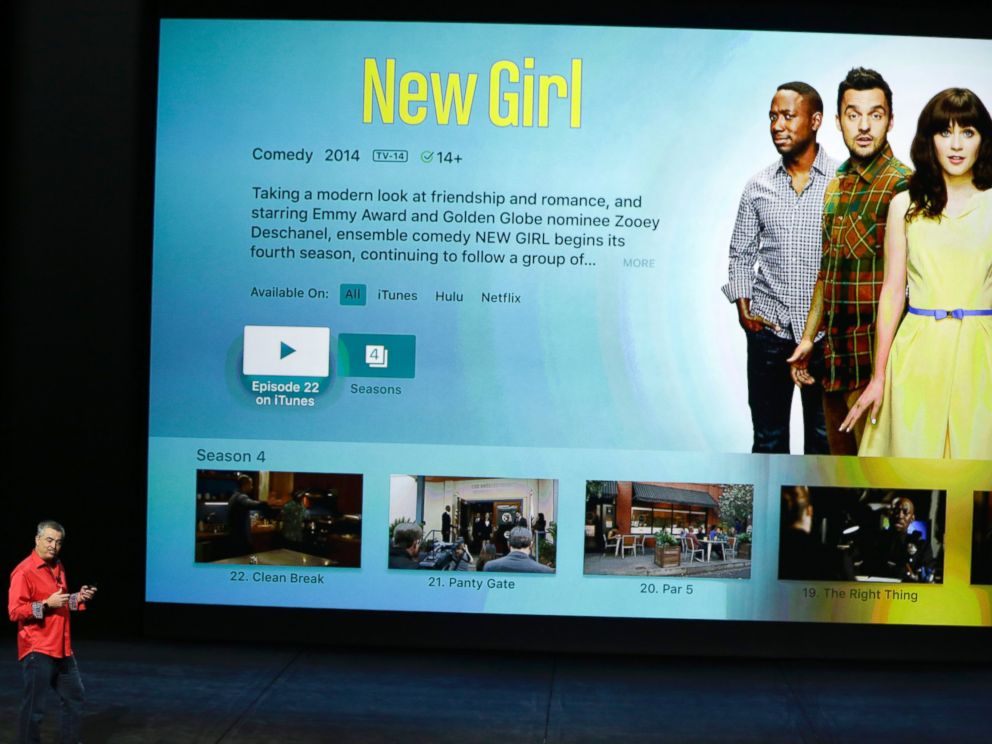 PHOTO: Eddy Cue, senior vice president of Internet Software, discusses the Apple TV product during the Apple event at the Bill Graham Civic Auditorium in San Francisco, Sept. 9, 2015.