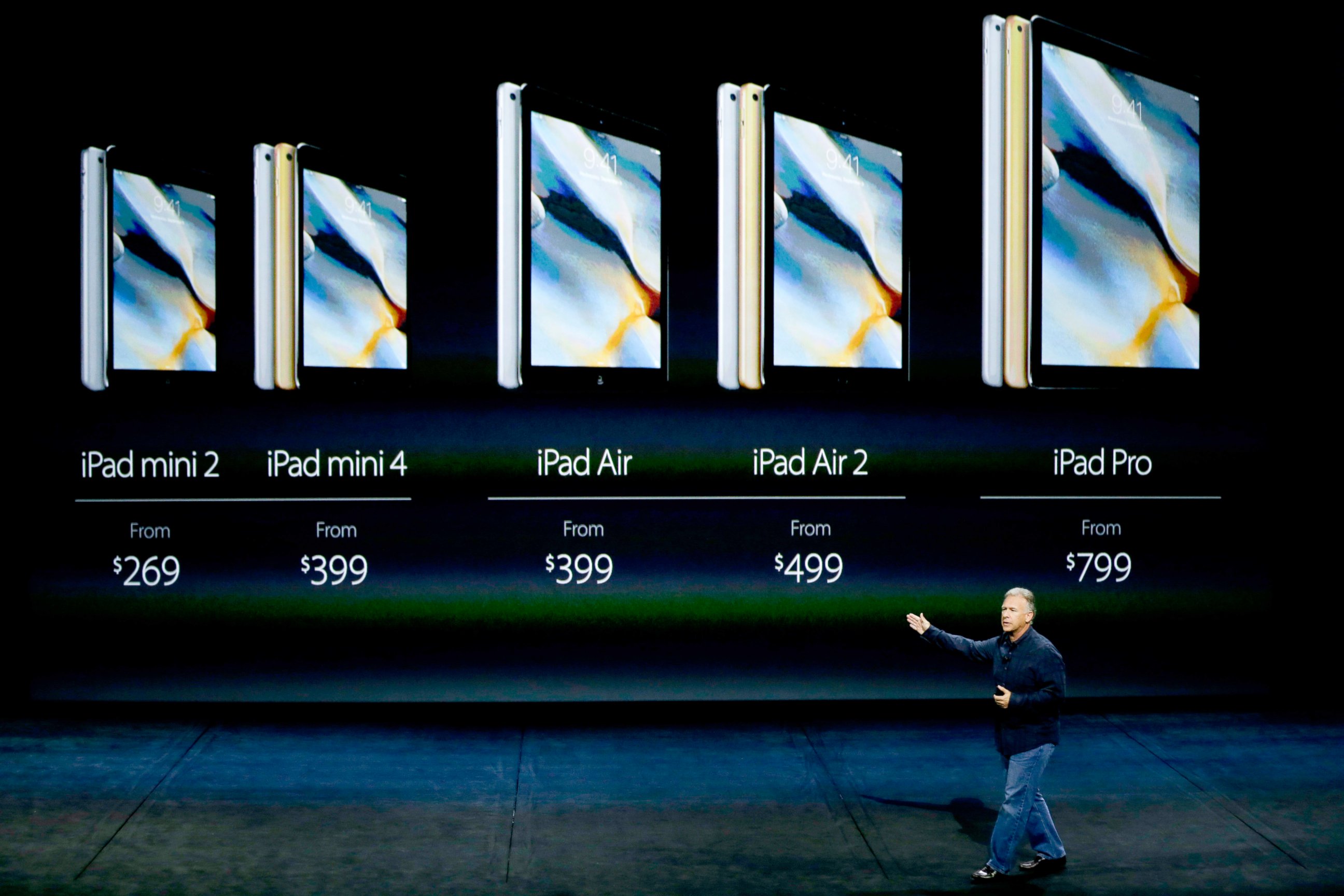 PHOTO: Phil Schiller, Apple's senior vice president of worldwide marketing, discusses the pricing for the iPad lineup during the Apple event at the Bill Graham Civic Auditorium in San Francisco, Sept. 9, 2015. 
