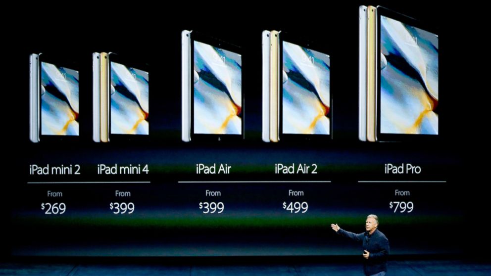 PHOTO: Phil Schiller, Apple's senior vice president of worldwide marketing, discusses the pricing for the iPad lineup during the Apple event at the Bill Graham Civic Auditorium in San Francisco, Sept. 9, 2015. 