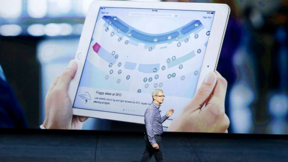Apple CEO Tim Cook discusses the new iPad during the Apple event at the Bill Graham Civic Auditorium in San Francisco, Sept. 9, 2015.