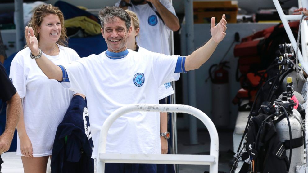 PHOTO: Fabien Cousteau reacts as he returns to the dock after 31 days undersea in the Aquarius Reef Base, July 2, 2014, in Islamorada, in the Florida Keys.