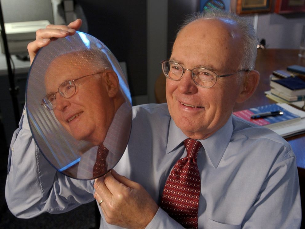 PHOTO: Intel Corp. co-founder Gordon Moore holds up a silicon wafer at Intel headquarters in Santa Clara, Calif., March 9, 2005.