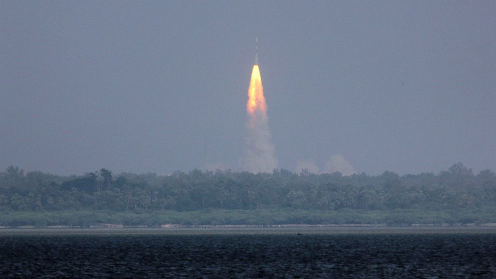 The Polar Satellite Launch Vehicle rocket carrying India's Mars spacecraft lifts off from the island of Sriharikota, India, Nov. 5, 2013. 
