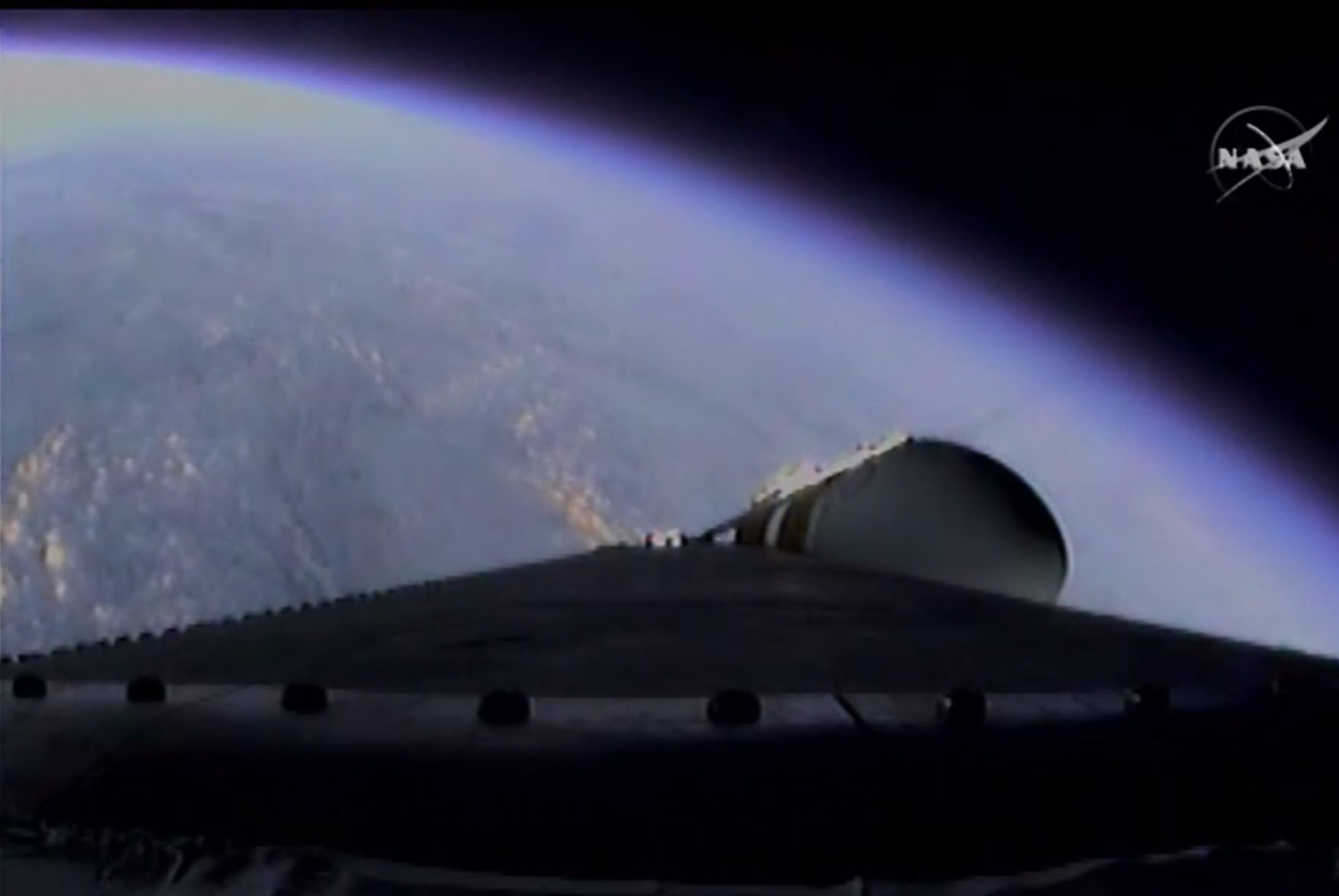 PHOTO: This photo provided by NASA-TV, shows the view from the Orion spacecraft atop a United Launch Alliance Delta 4-Heavy rocket as it climbs to orbit during the first test flight, Dec. 5, 2014. 