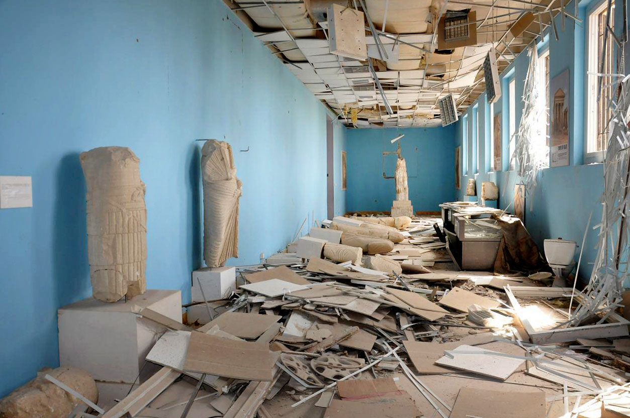 PHOTO: This photo released by the Syrian official news agency SANA shows destroyed statues at the damaged Palmyra Museum, in Palmyra city, central Syria.