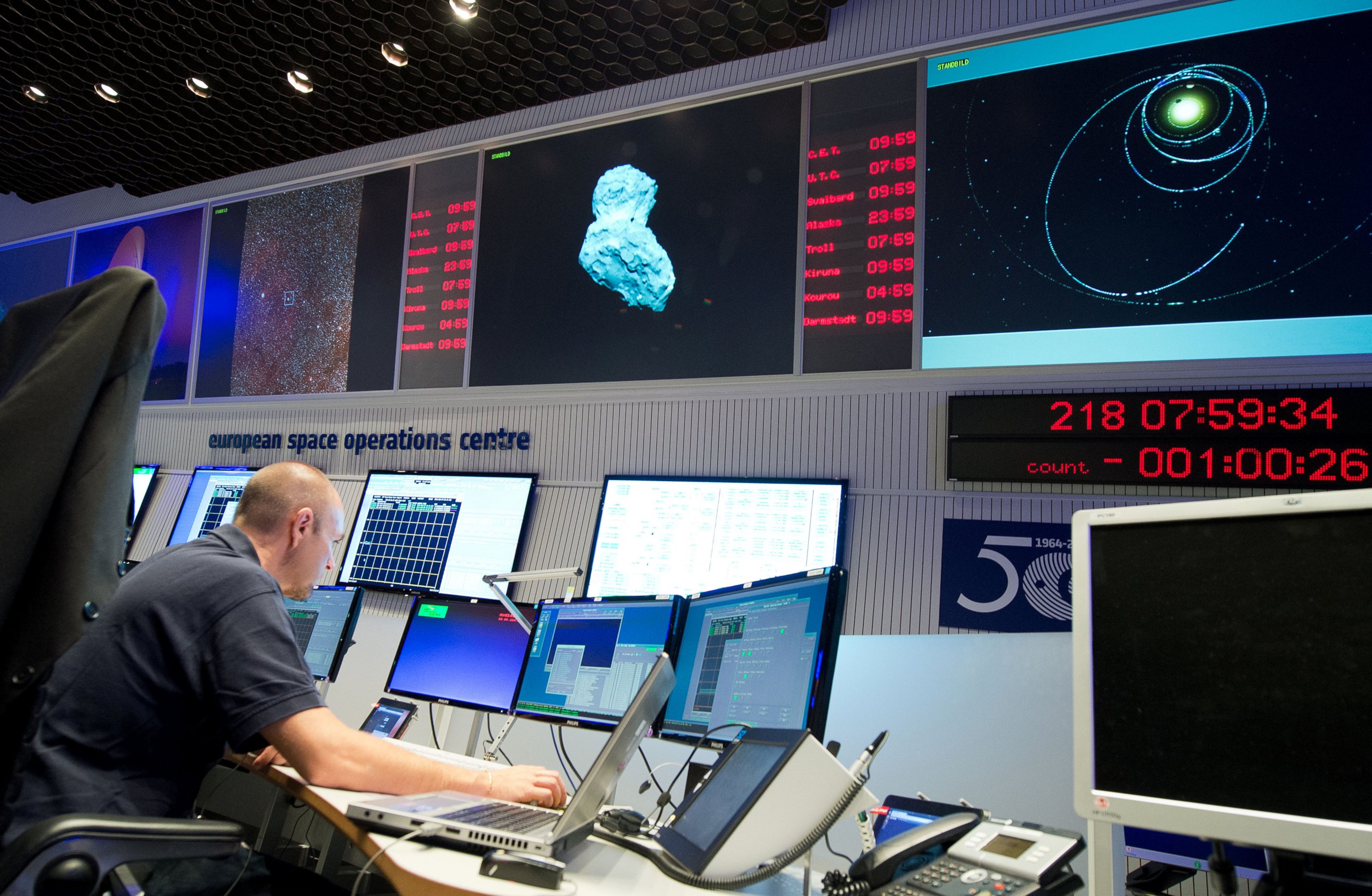 PHOTO: An expert watches his screens at the European Space Agency in Darmstadt, Germany