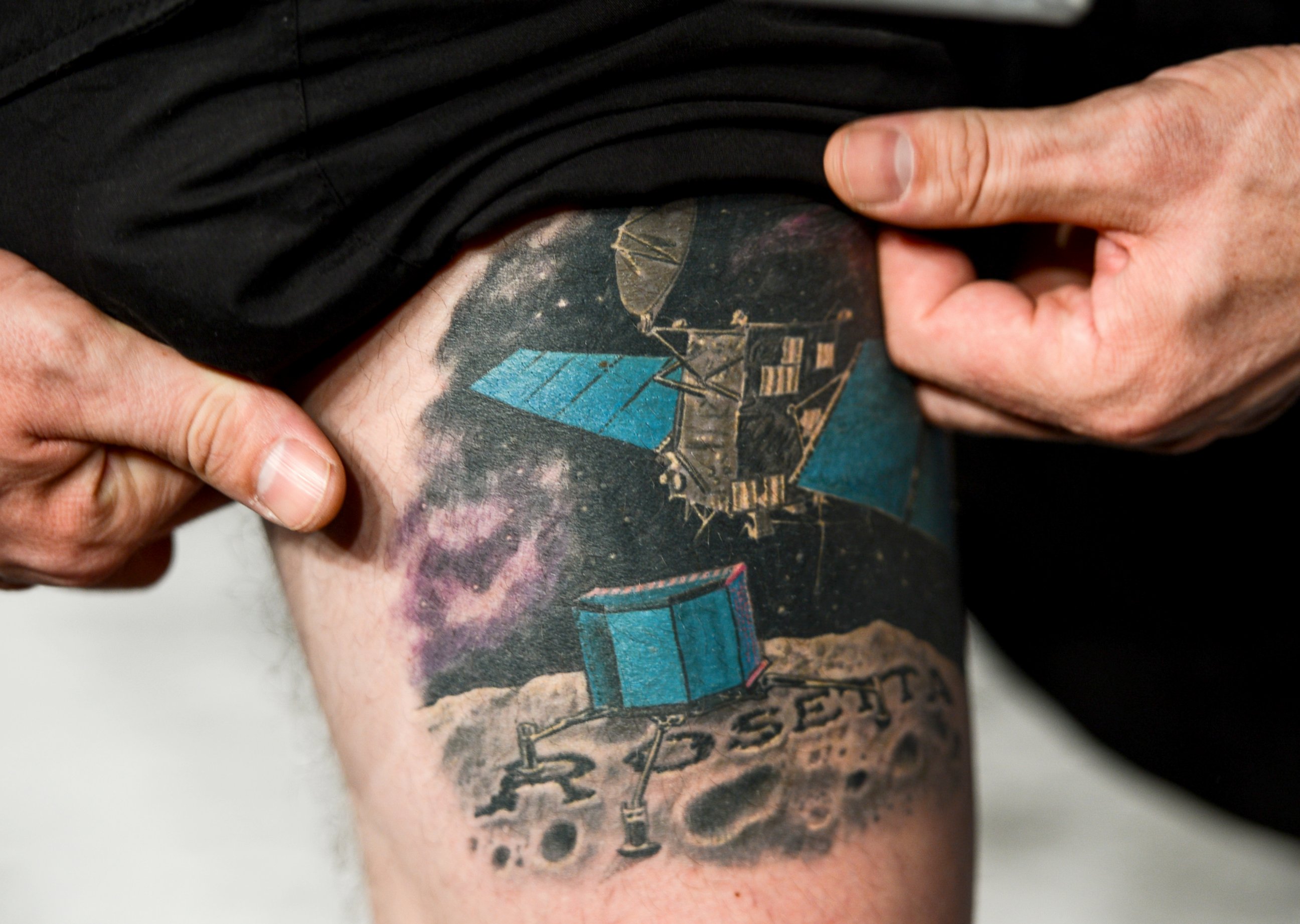 PHOTO: ESA physicist Matt Taylor shows his 'Rosetta' tattoo at the satellite control center of the European Space Agency (ESA) in Darmstadt, Germany, Nov. 12, 2014.