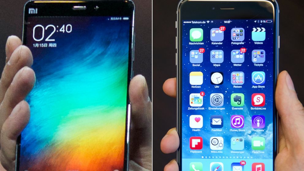 The Xiaomi Note, left, and iPhone 6 Plus, right, are pictured. 