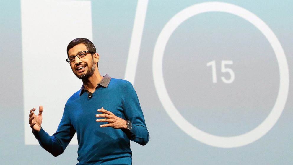 Sundar Pichai, senior vice president of Android, Chrome and Apps, speaks during the Google I/O 2015 keynote presentation in San Francisco, May 28, 2015.