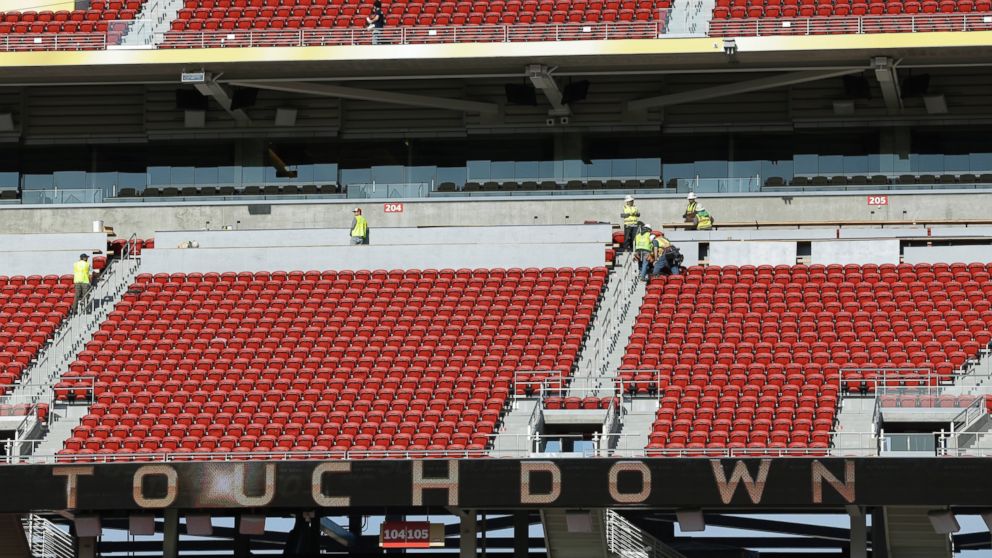 Work continues on Levi Stadium in preparation for the Super Bowl 50 NFL football game,  Jan. 26, 2016, in Santa Clara, Calif.  
