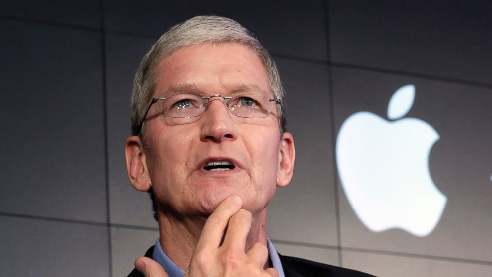 In this April 30, 2015 file photo, Apple CEO Tim Cook responds to a question during a news conference at IBM Watson headquarters, in New York.