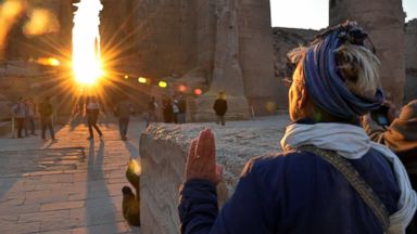 PHOTO: A tourist makes a sunrise visit to the temple of Karnak on the day of the winter solstice in Luxor,320 miles south of Cairo, Egypt, Saturday, Dec. 21, 2013.