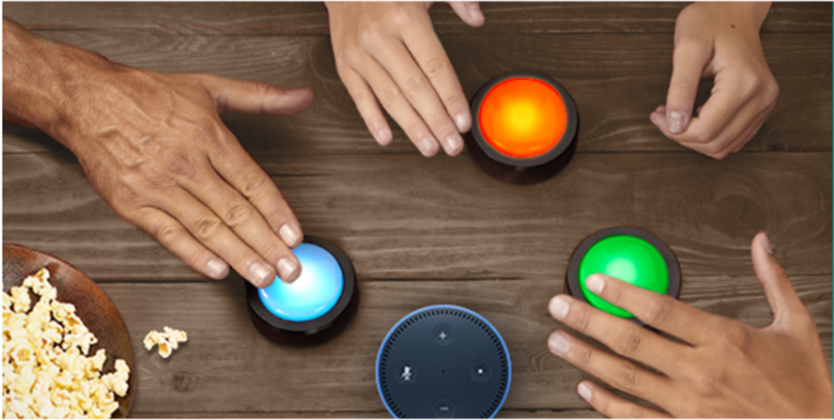 PHOTO: Shown here are the first of many Alexa Gadgets such as Echo Buttons, a new way for customers to play games with friends and family. 
