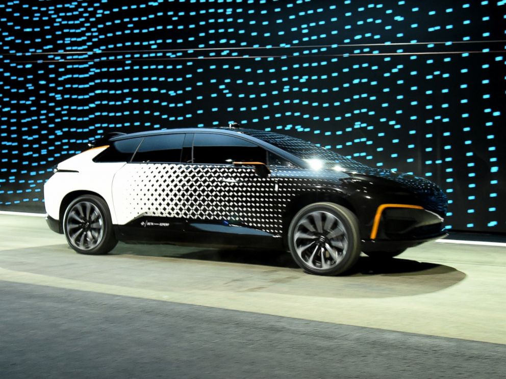 PHOTO: Faraday Futures FF 91 prototype electric crossover vehicle is shown during a speed test as it is unveiled during a press event for CES 2017 at The Pavilions at Las Vegas Market, Jan. 3, 2017 in Las Vegas.