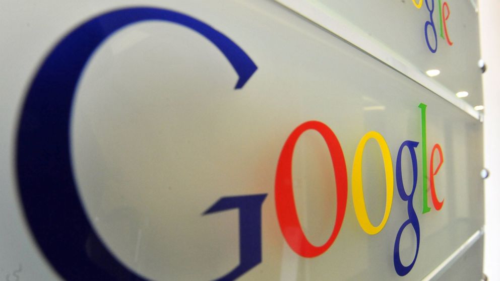 Google logo is seen on a wall at the entrance of the Google offices on February 5, 2014. 