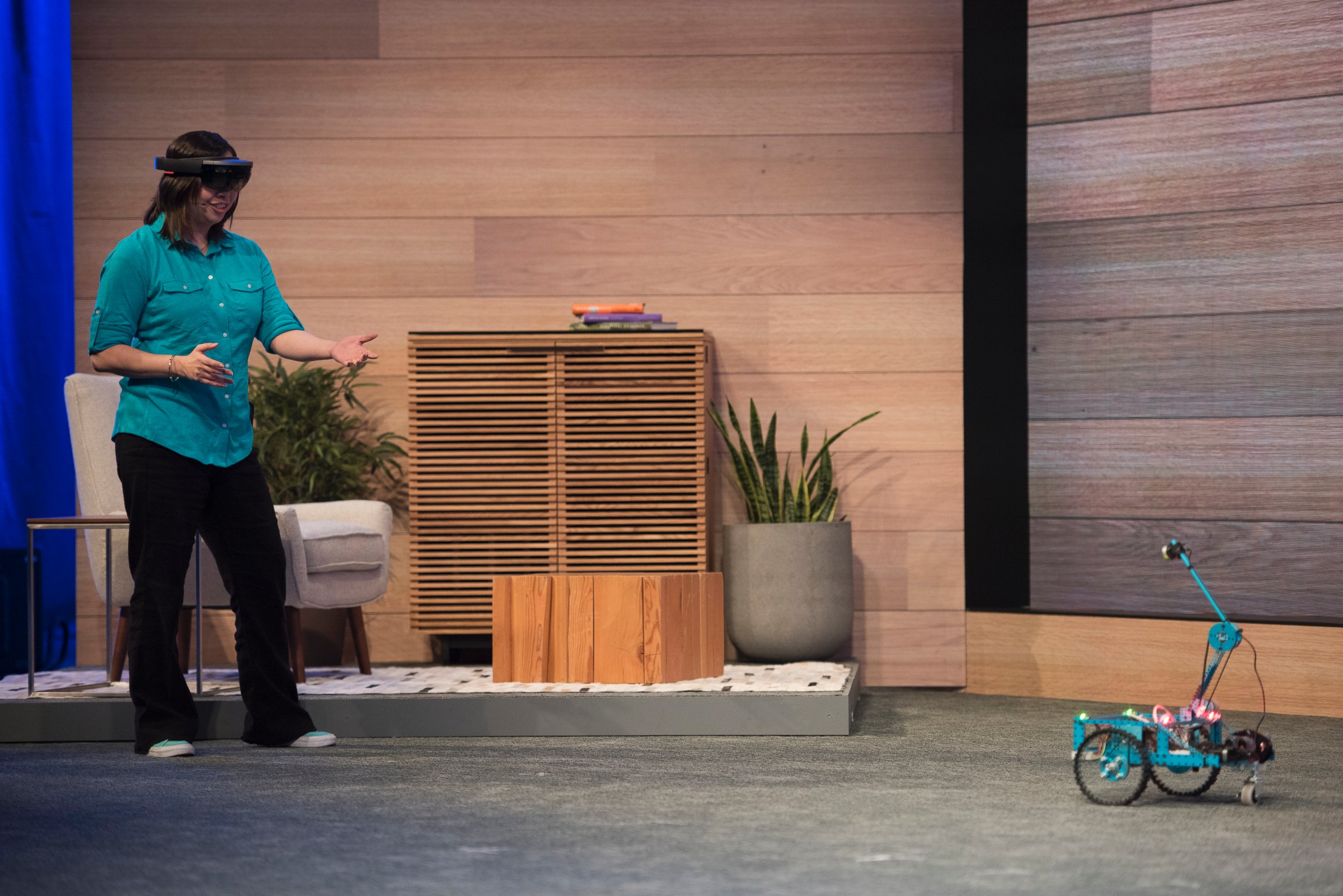 PHOTO: The Microsoft Corp. HoloLens augmented reality headset is demonstrated during a keynote session at the Microsoft Developers Build Conference in San Francisco on April 29, 2015.