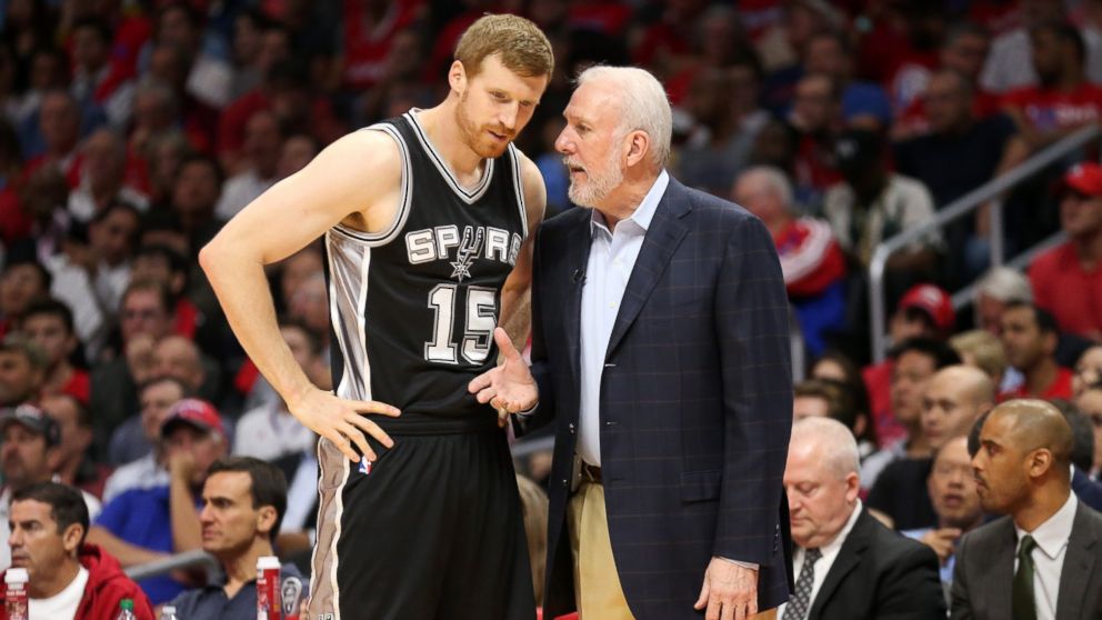 Head coach Gregg Popovich and Matt Bonner of the San Antonio Spurs are seen, April 28, 2015 in Los Angeles.