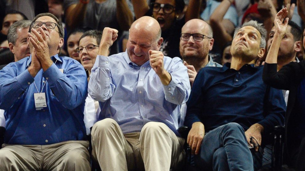 Steve Ballmer center, owner of the Los Angeles Clippers, is seen during the Clippers and Sacramento Kings game at the Staples Center, Oct. 31, 2015, in Los Angeles.
