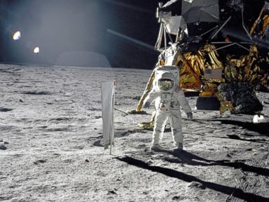 PHOTO: Astronaut Edwin Buzz Aldrin, lunar module pilot, walks on the surface of the Moon near the leg of the Lunar Module Eagle during the Apollo 11 space mission to the moon, July 20, 1969.