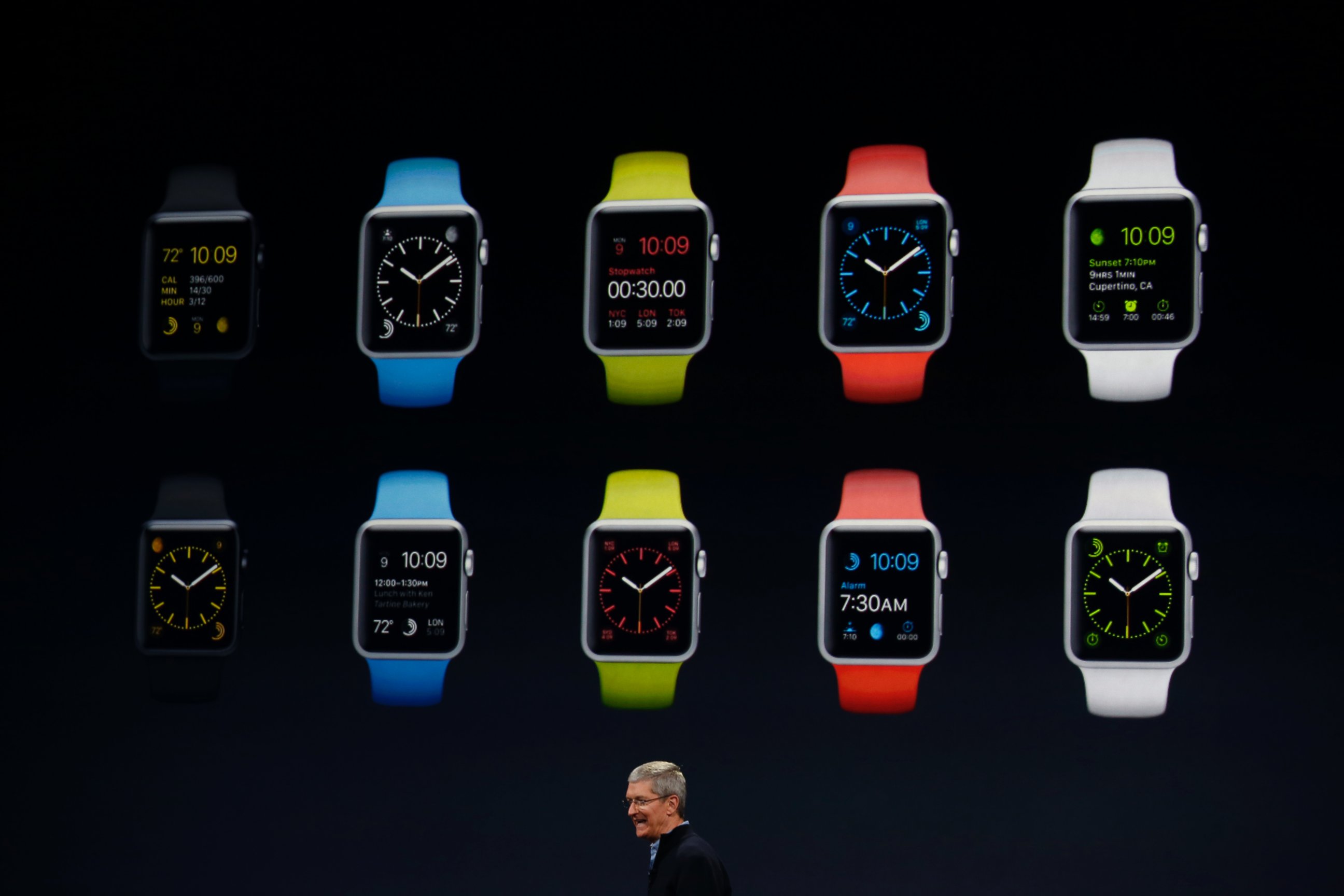 PHOTO: Apple CEO Tim Cook debuts the Apple Watch Sport during an Apple special event at the Yerba Buena Center for the Arts, March 9, 2015 in San Francisco.