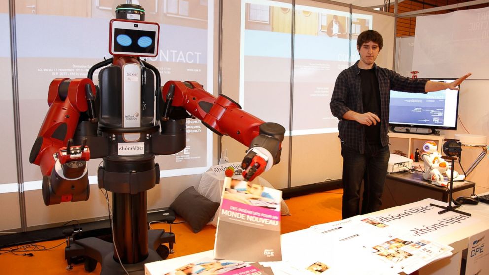 PHOTO: A Baxter manufacturing robot on display at Innorobo International Robotics trade show on March 18, 2014 in Lyon, France.
