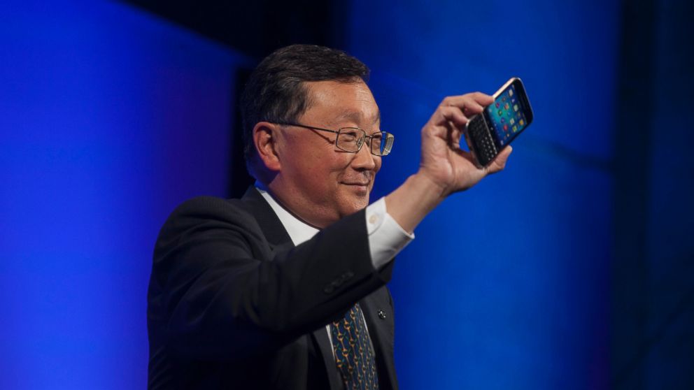 John Chen, chief executive officer of BlackBerry Ltd., unveils the Classic smartphone during an event in New York, Dec. 17, 2014. 