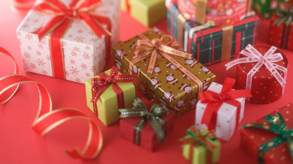 Christmas presents are shown in this stock image.