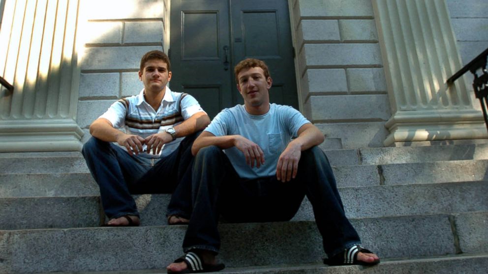 Founder of Facebook Mark Zuckerberg, right, and Dustin Moscovitz, co-founder have their photo taken at Harvard Yard in 2004 in Cambridge, Mass. 