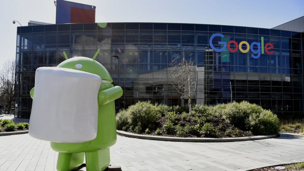 The sculpture of a Google Inc.'s Android mobile operating system mascot sits inside the Googleplex headquarters in Mountain View, Calif, Feb. 18, 2016. 