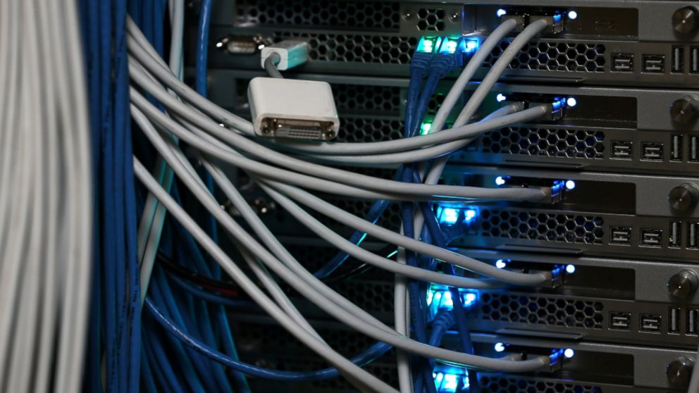 Network cables are plugged in a server room on Nov. 10, 2014, in New York City.