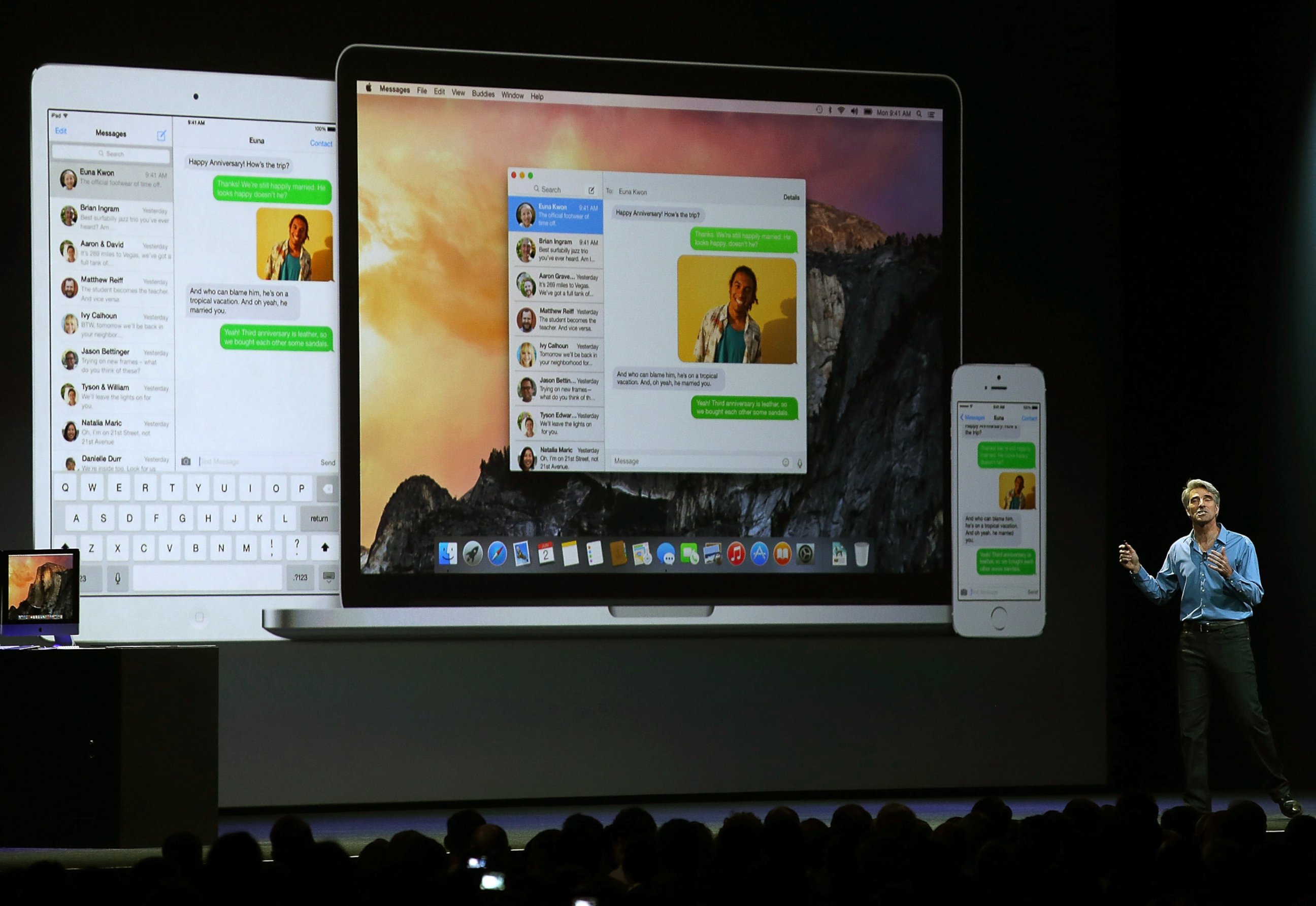 PHOTO: Apple Senior Vice President of Software Engineering Craig Federighi speaks during the Apple Worldwide Developers Conference at the Moscone West center on June 2, 2014 in San Francisco, Calif. 