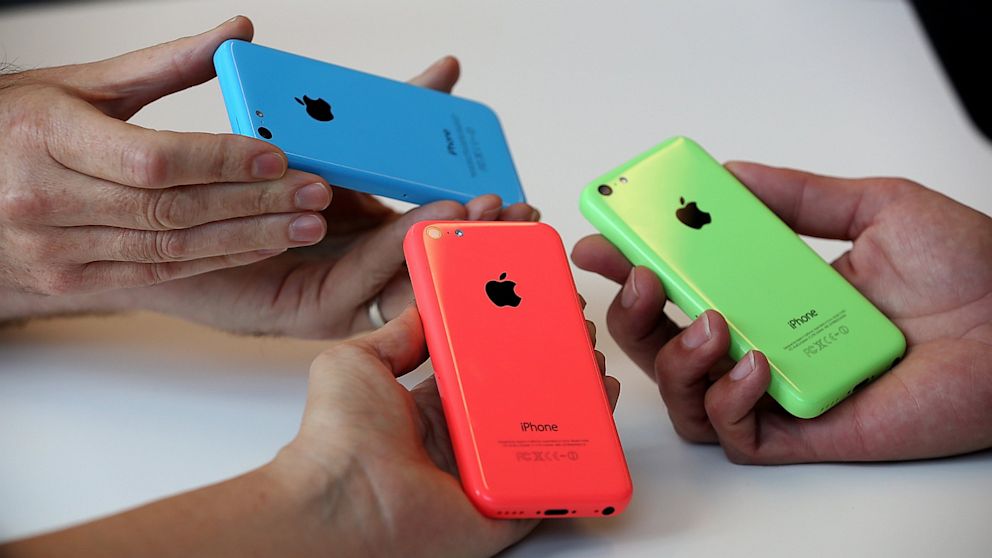 The new iPhone 5C is displayed during an Apple product announcement at the Apple campus on Sept. 10, 2013, in Cupertino, Calif.