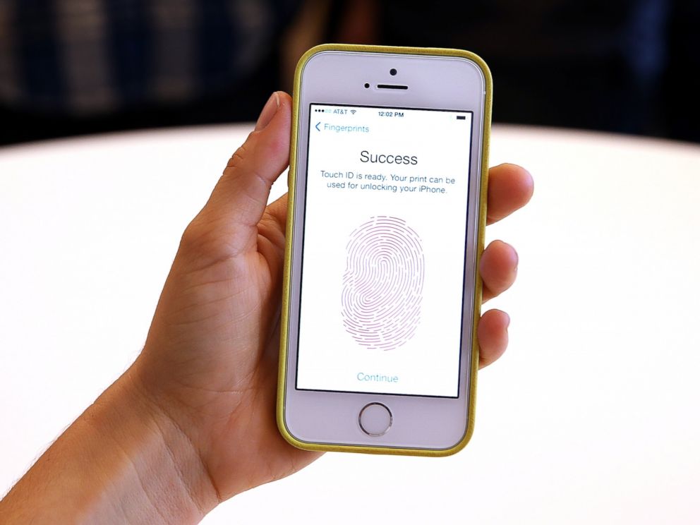 PHOTO: The new iPhone 5S with fingerprint technology is displayed during an Apple product announcement at the Apple campus, Sept. 10, 2013, in Cupertino, Calif.