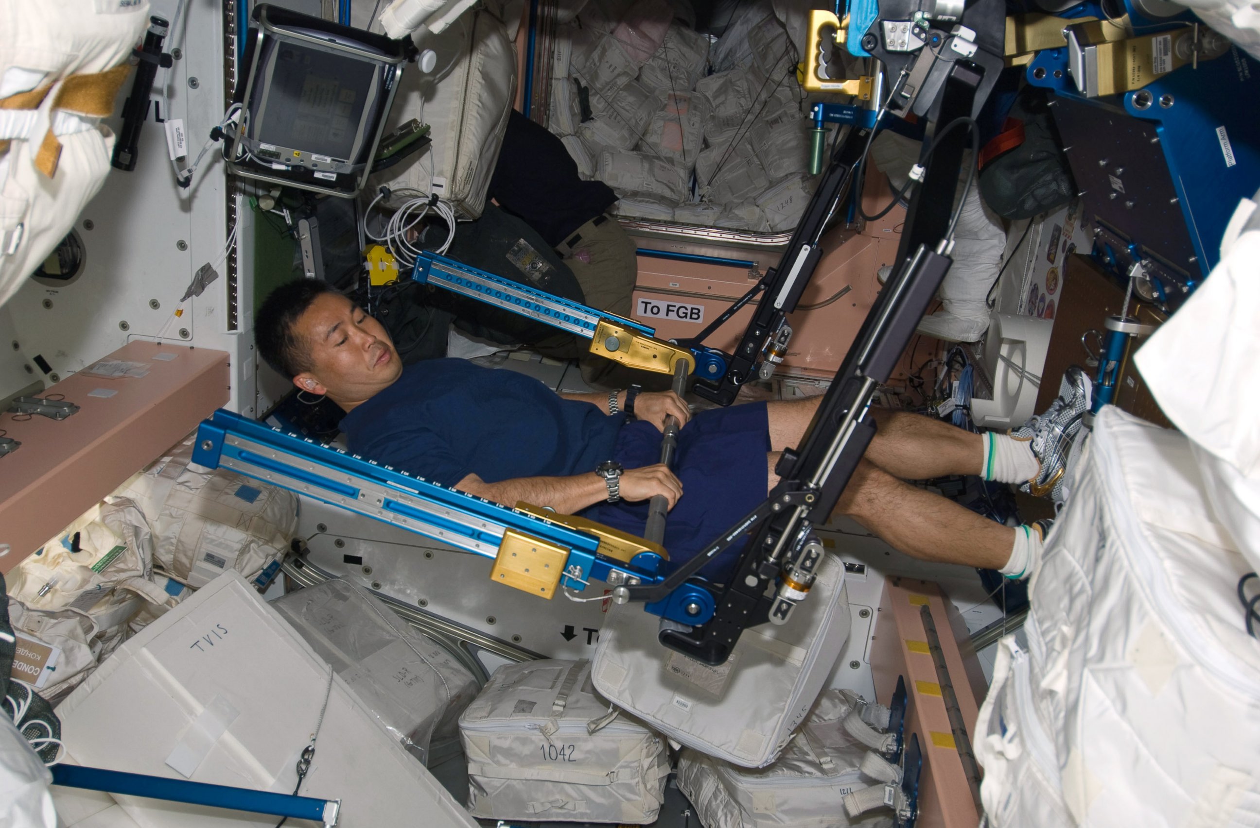 PHOTO: In this photo taken March 20, 2009, astronaut Koichi Wakata works out on the "Advanced Resistance Exercise Device"