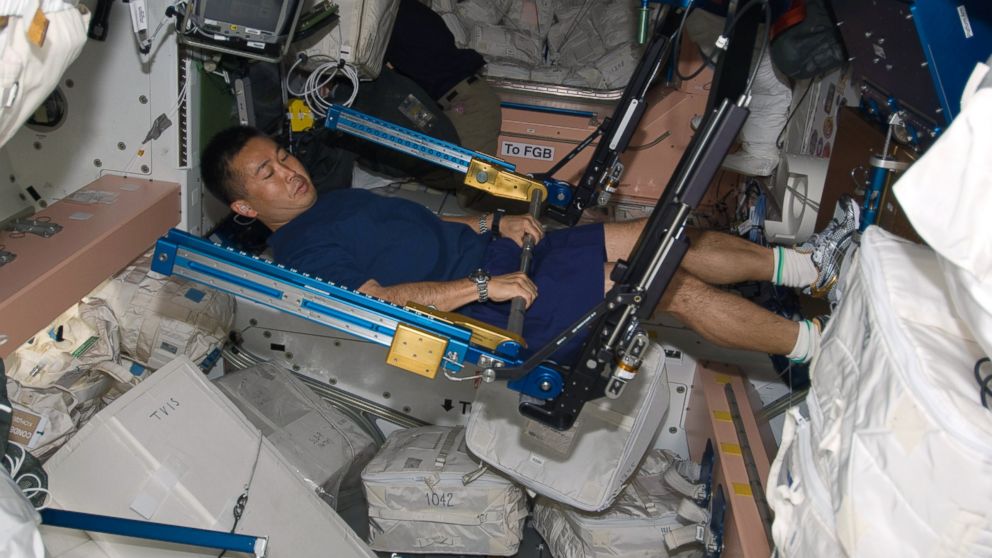 PHOTO: In this photo taken March 20, 2009, astronaut Koichi Wakata works out on the "Advanced Resistance Exercise Device"