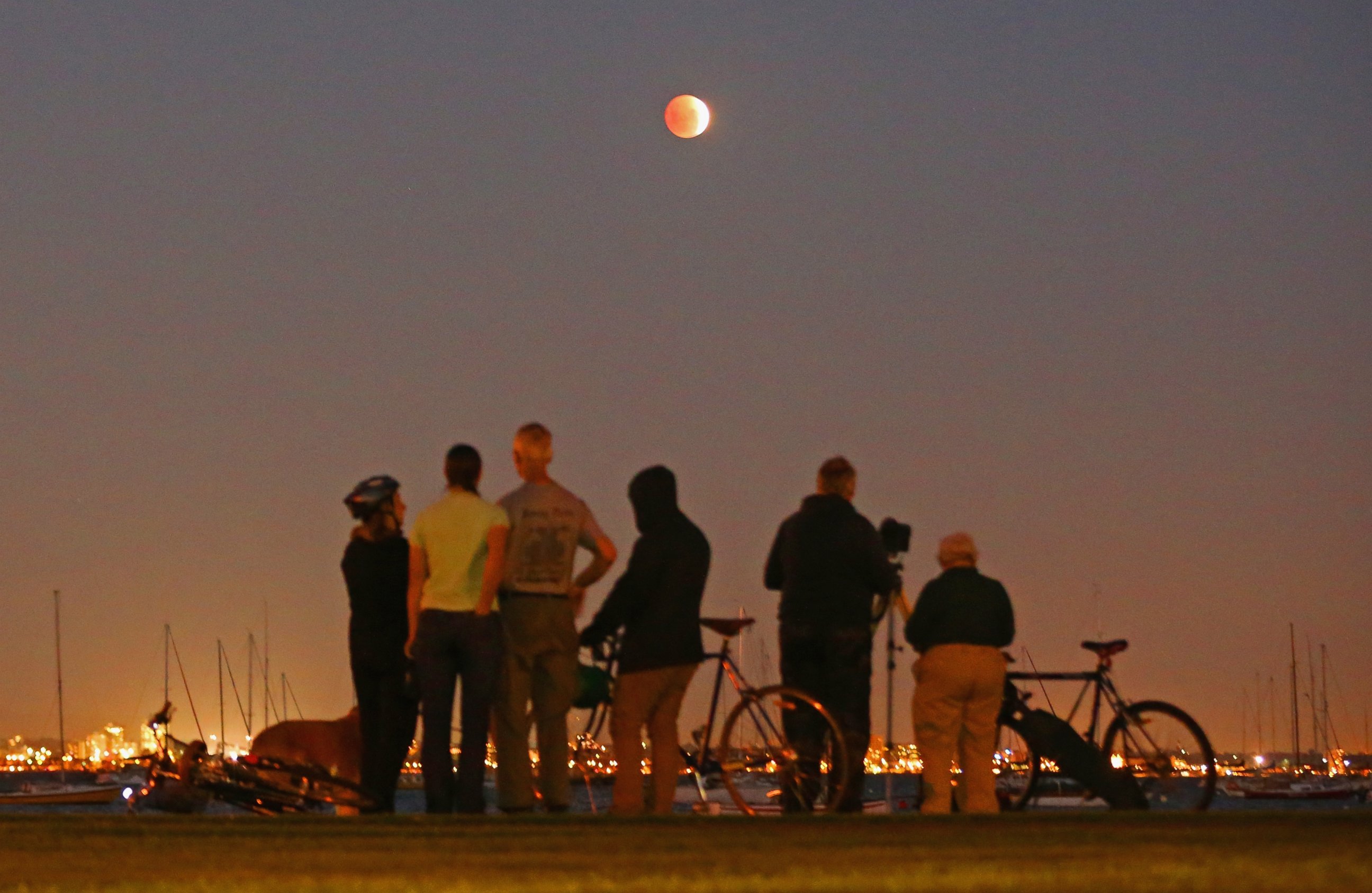 PHOTO: People watch as the 'Blood Moon' rises over the water in Wlliamstown in Melbourne, Australia