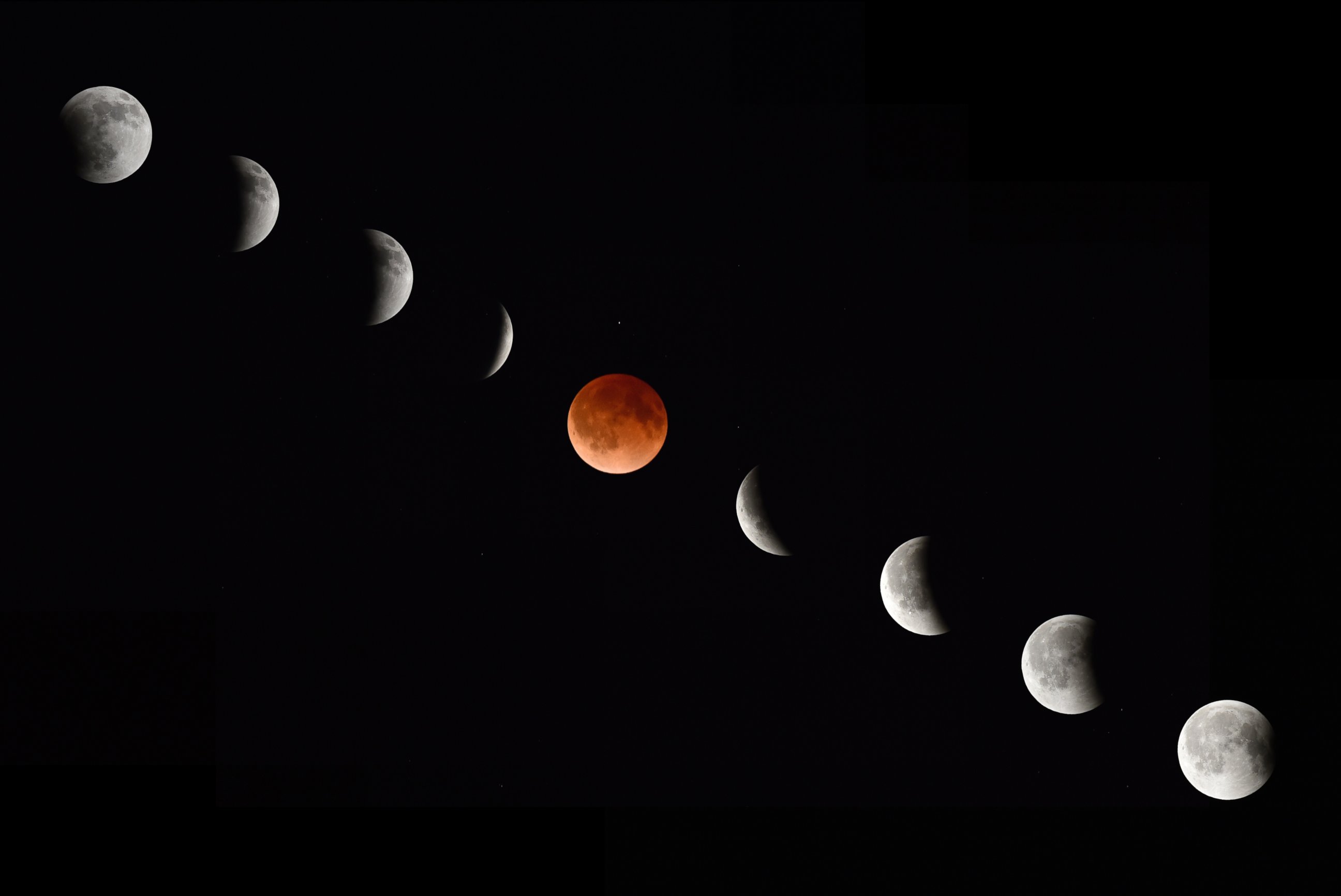 PHOTO: In this composite photograph, the moon during various phases of a total lunar eclipse 