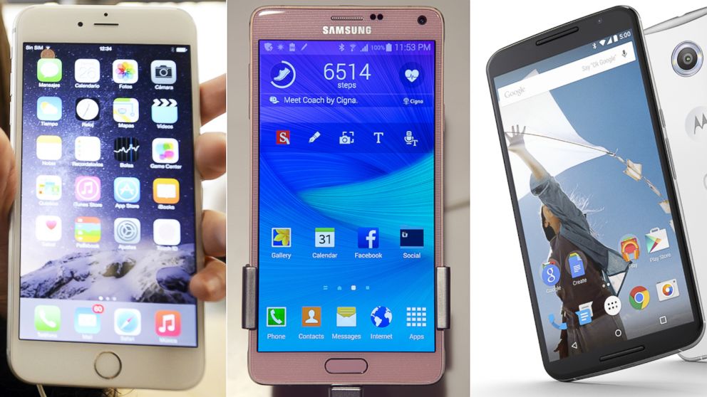 PHOTO: From left, the iPhone 6 Plus, the Galaxy Note 4 and the Nexus 6 are pictured. 