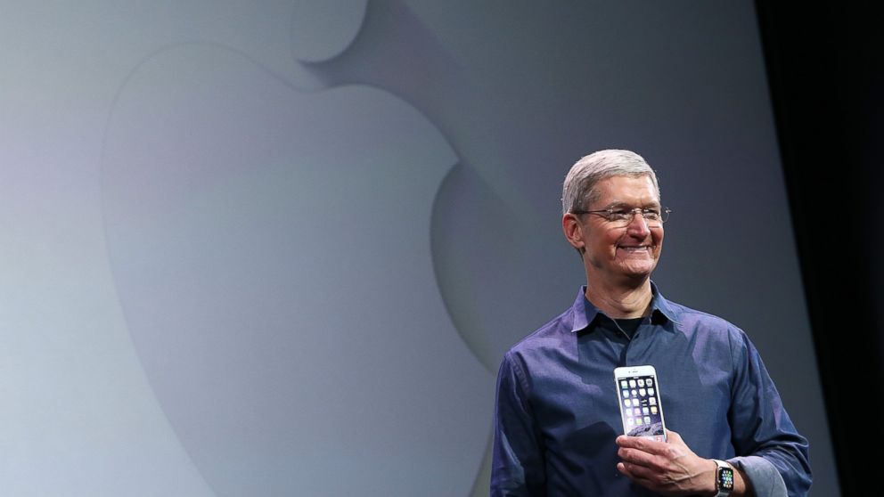 Apple CEO Tim Cook shows off the iPhone 6 and the Apple Watch during an Apple special event at the Flint Center for the Performing Arts on Sept. 9, 2014 in Cupertino, Calif.