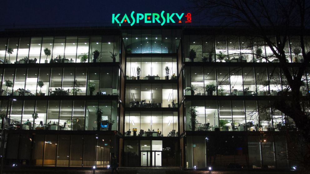 A logo sits illuminated at night above the headquarters of Kaspersky Lab, a cyber-security firm, in Moscow in this file photo Dec. 9, 2014.