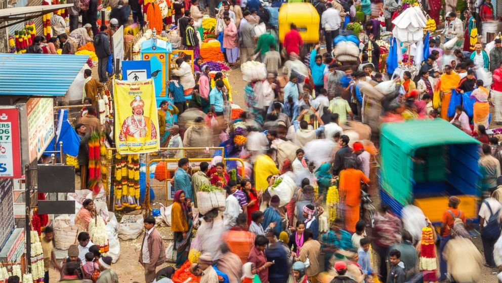 A photo of the busy K.R. Market in Bengaluru, India. 