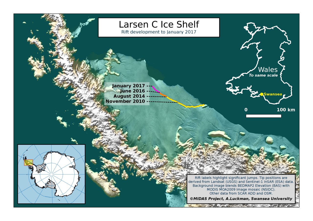 PHOTO: This image shows the development of a rift in the Larsen C ice shelf in Antarctica up to January 2017. The labels of dates along the rift mark when significant growths in the rift's length were recorded. 