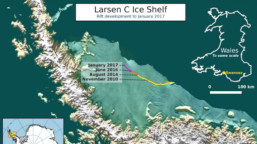 PHOTO: This image shows the development of a rift in the Larsen C ice shelf in Antarctica up to January 2017. The labels of dates along the rift mark when significant growths in the rift's length were recorded. 