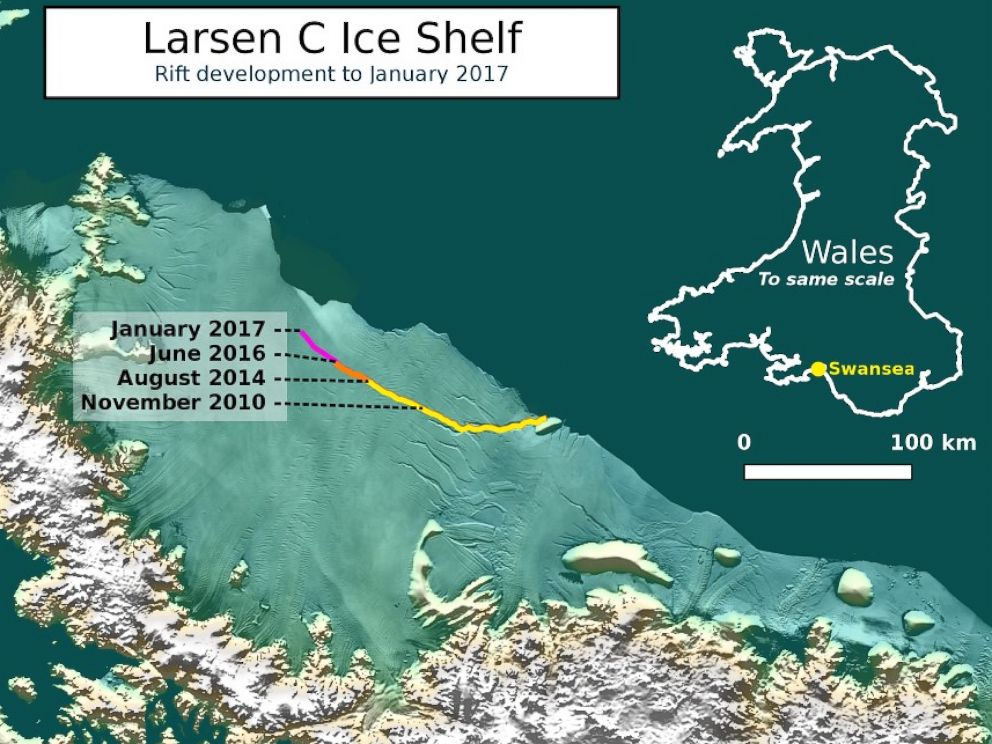PHOTO: This image shows the development of a rift in the Larsen C ice shelf in Antarctica up to January 2017. The labels of dates along the rift mark when significant growths in the rifts length were recorded.