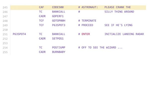 PHOTO: Part of the source code MIT programmers wrote for Apollo 11's flight software is pictured here in a screenshot from the source code posted to GitHub by former NASA intern Chris Garry.