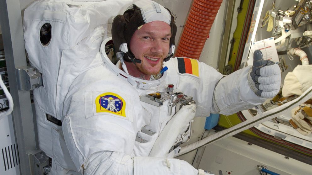 ESA astronaut Alexander Gerst tests his spacesuit on the International Space Station in preparation for when he will venture into open space, Oct. 7, 2014.