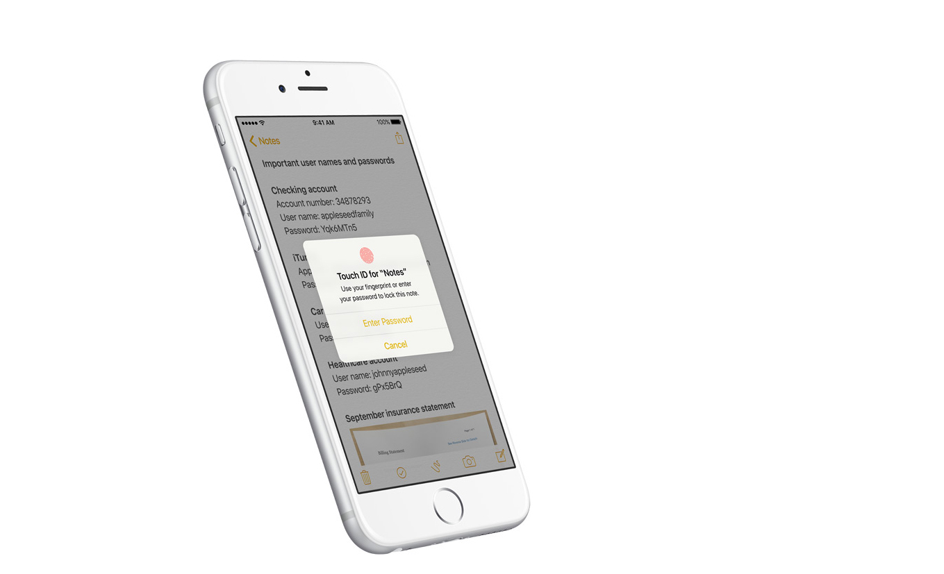 PHOTO:Apple iOS 9.3 will allow users to secure Notes with a password or fingerprint.  