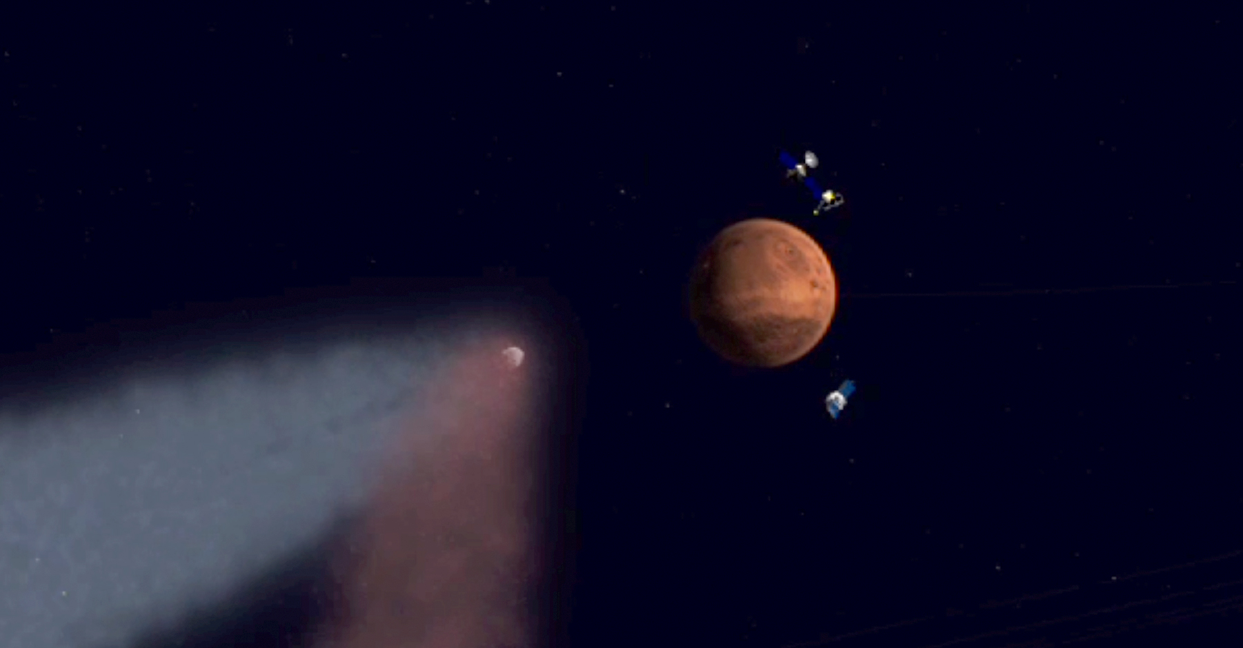 PHOTO: In this animation video released by NASA, comet Siding Spring is on a near-miss route toward Mars.