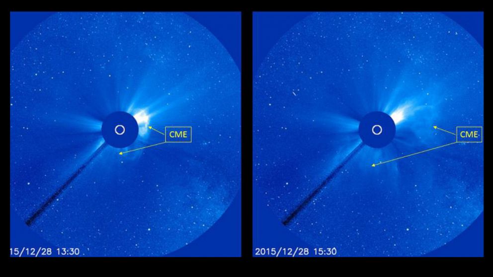 An asymmetric, partial halo coronal mass ejection (CME) occurred on Dec. 28, 2015 in association with an M1 flare (R1-Minor radio blackout) that peaked at 28/1245 UTC (0745 ET).