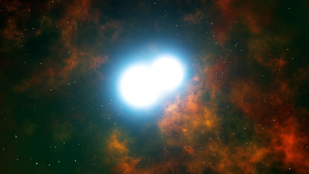 This artist'??s rendering shows the central part of the planetary nebula Henize 2-428, consisting of two white dwarf stars that are expected to draw closer to each other and merge in around 700 million years.
